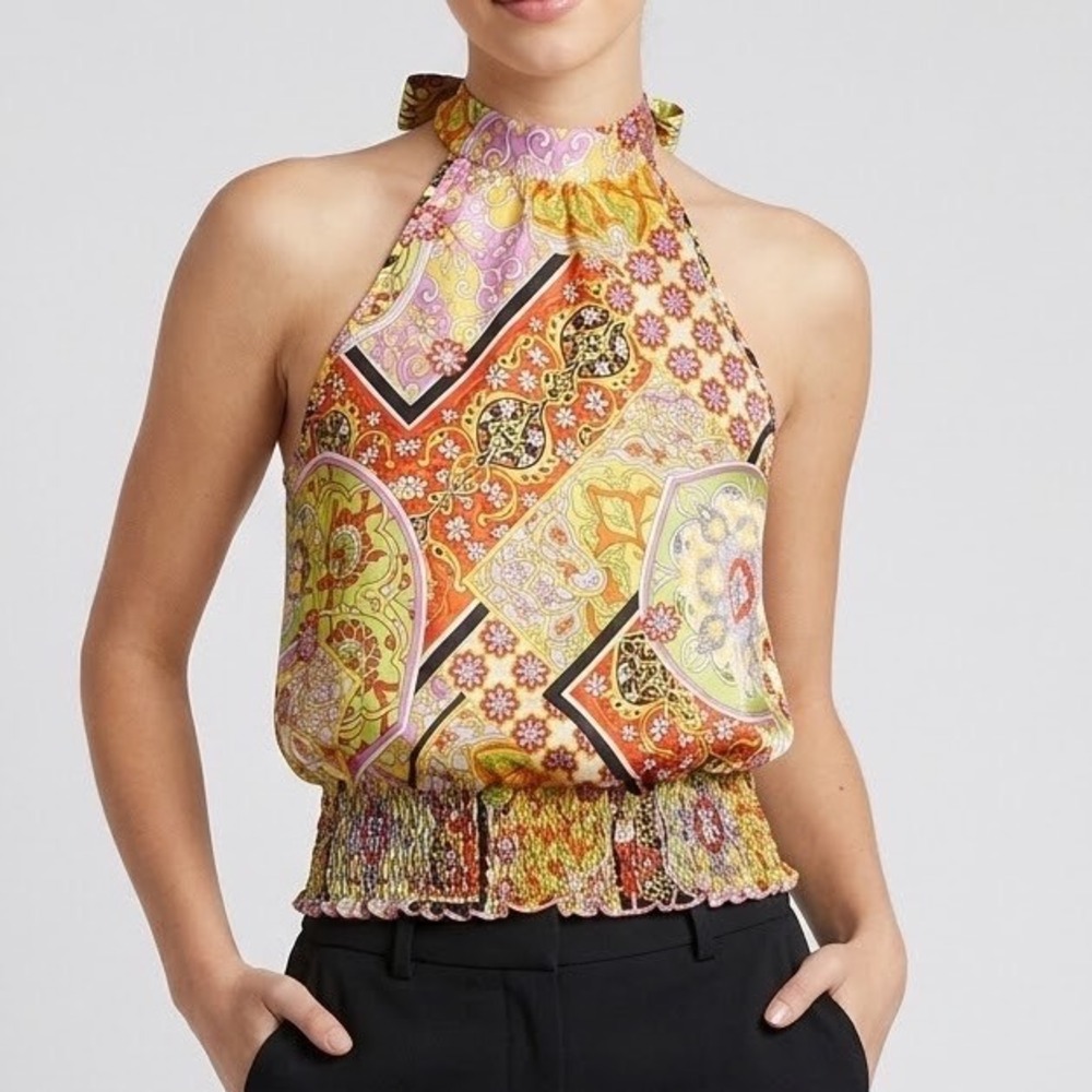 Vtg 90s Y2K Floral Boho Scarf Print Smocked Halter Top 1XL Satin Luxury USA